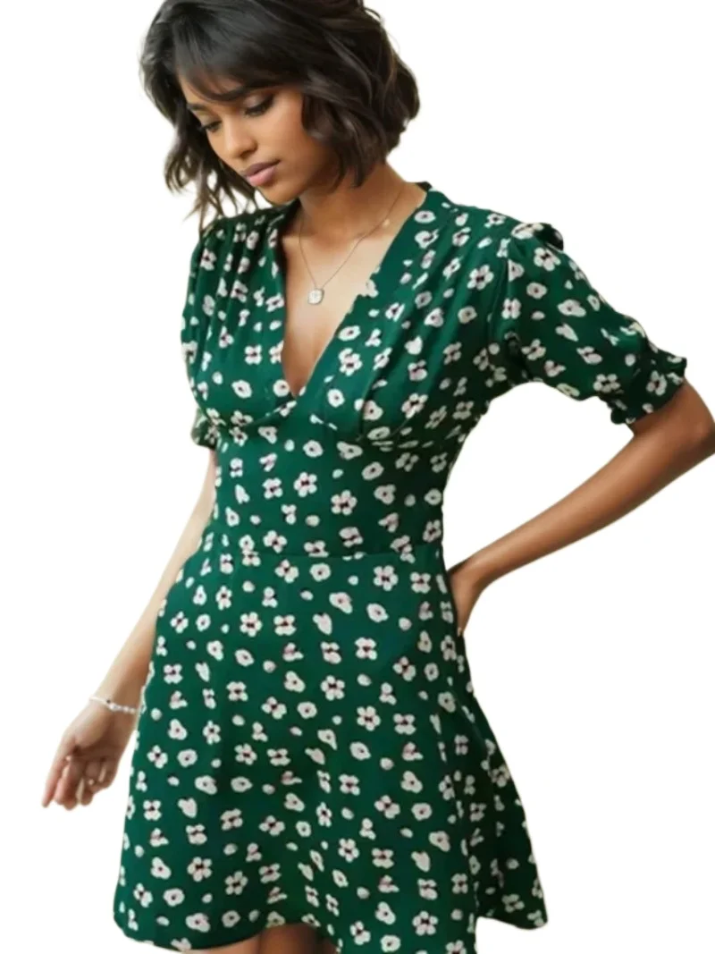 

Vintage Beach Short Dress Summer New Holiday Women's Clothing Fashion Slim Floral V-neck Puff Sleeve Mini Dress Vestidos