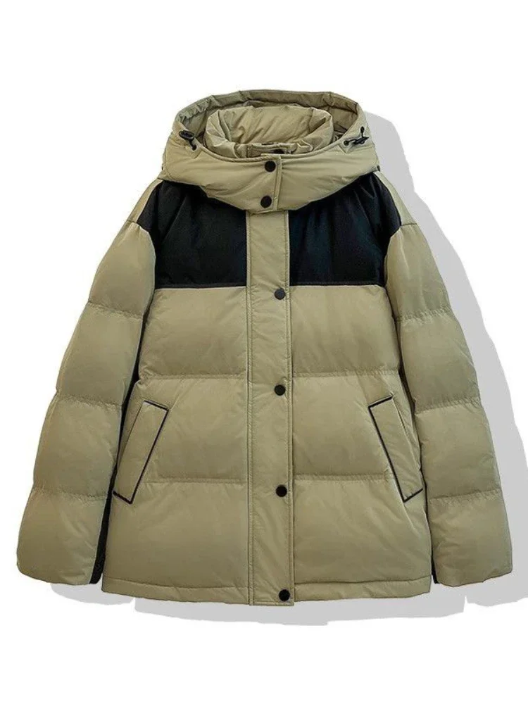 Jaqueta de algodão com capuz solto feminino, casaco puffer grosso, cor coreana bloqueada, Parkas casuais, casacos quentes, inverno