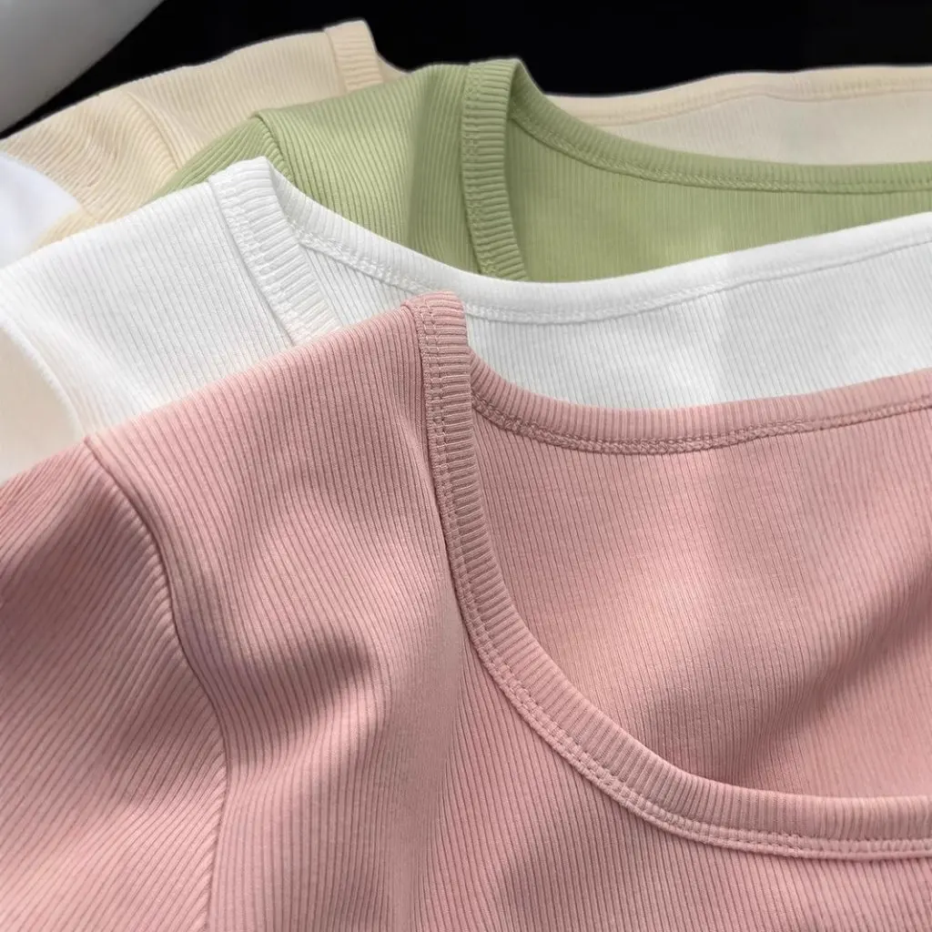 

Women's U-collar Clavicle Slim-fit T-shirt Short-sleeved Button Design Cotton Top Summer Pure Thread Sense for Small Women