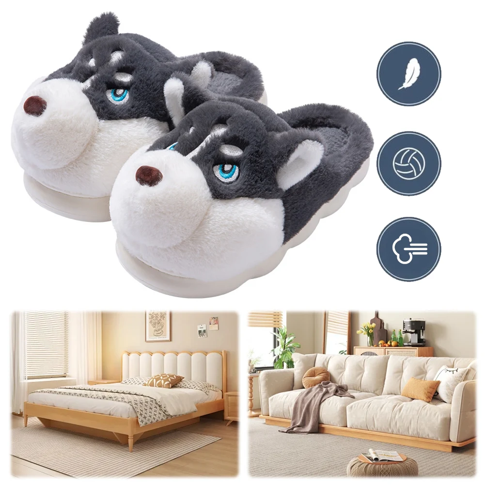 

Плюшевые тапочки хаски, термотапочки на плоской подошве, нескользящие мягкие меховые тапочки, удобная домашняя обувь без шнуровки, милая домашняя обувь для спальни