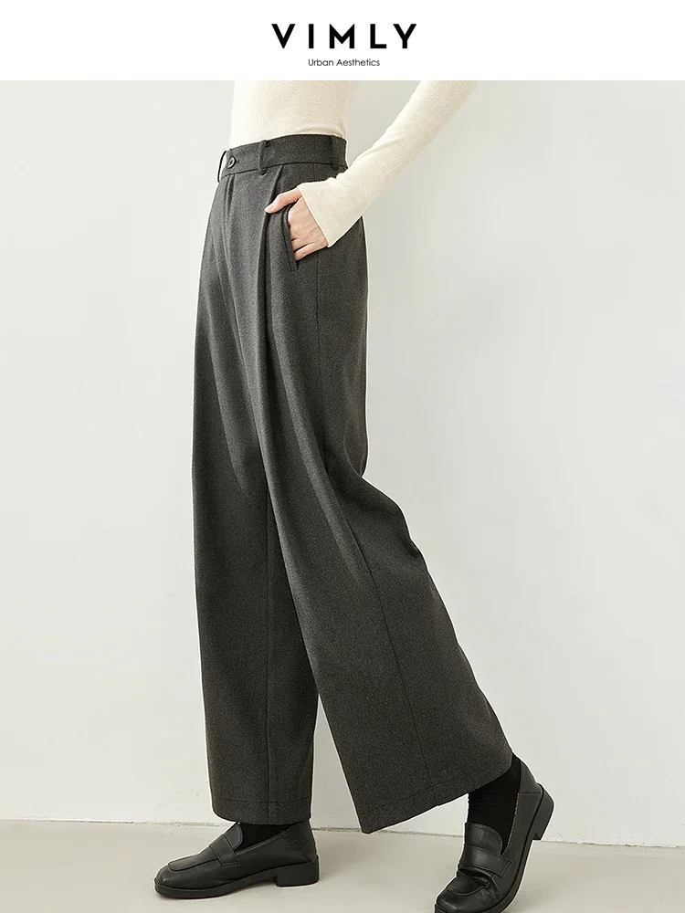 Vimly Grey Woolen Wide Leg Dress Pants for Women 2023 Winter Straight Loose Casual Trousers Female Suit Pant Woman Clothes M5570