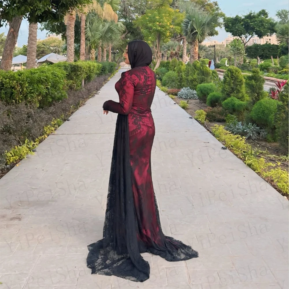 Gaun Prom Putri Duyung Kustom Gaun Malam Formal Lengan Penuh Leher-o Panjang Lantai Pesta Terbungkus Renda Fashion Sederhana