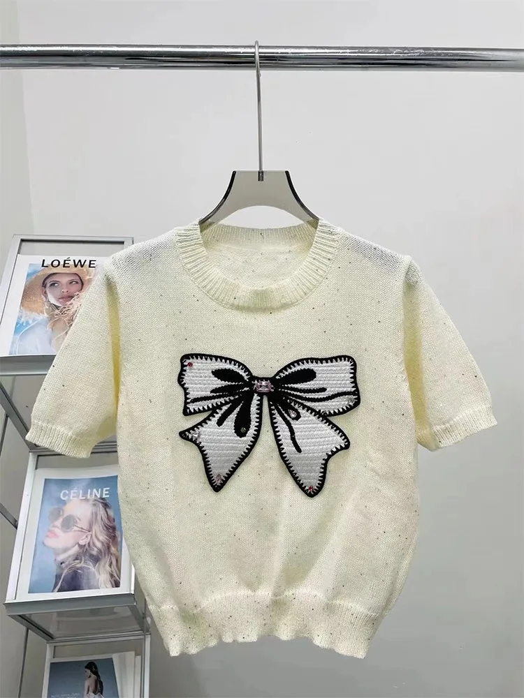 New Summer Bow Diamonds Knit Sweater Tshirt Women Short Sleeve O-neck Knitwear Tops Korean Fashion Stylish Casual Knitwear