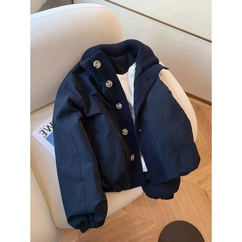 

High-end navy blue knitted spliced stand-up collar cotton jacket women's autumn and winter fashionable short jacket