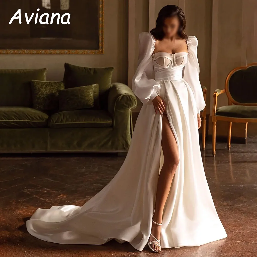 

Customized Elegant Long Satin Wedding Dresses Puffy Sleeve A-Line Bride Gowns Illusion Covered Back Sweep Train 2025