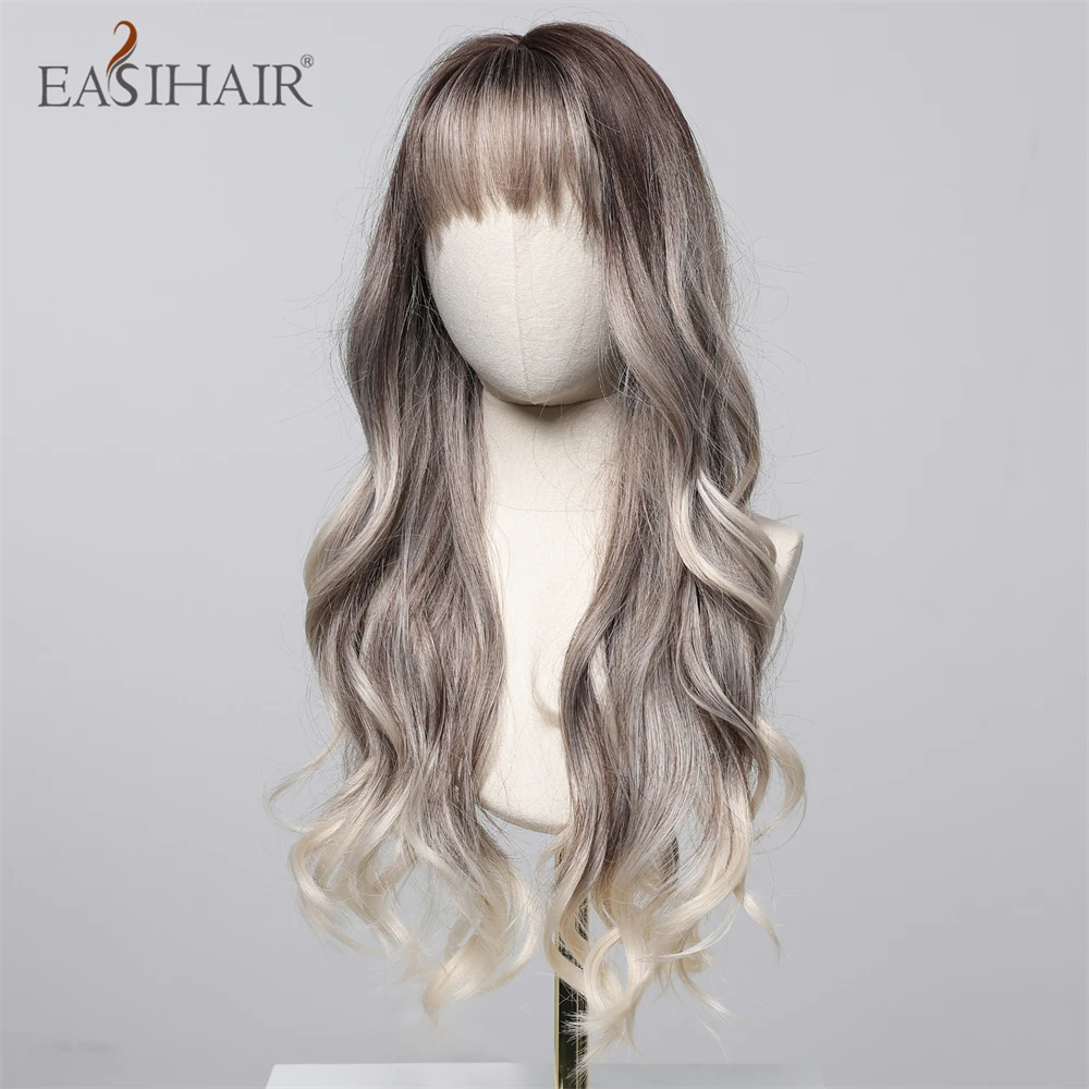 EASIHAIR Ombre Zilvergrijs Blond Lang lichaam Golvend Synthetische pruiken met knal voor vrouwen Dagelijks Cosplay Feest Natuurlijk Hittebestendig