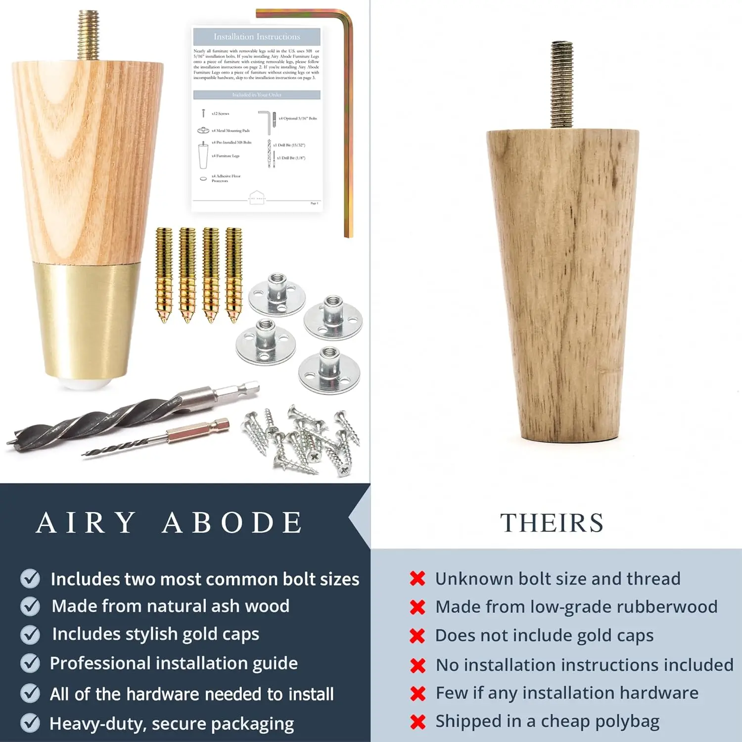 Ash Wood Furniture Legs With Gold Caps - Mid Century Legs For Sofa, Chair, Table, Dresser, Bed