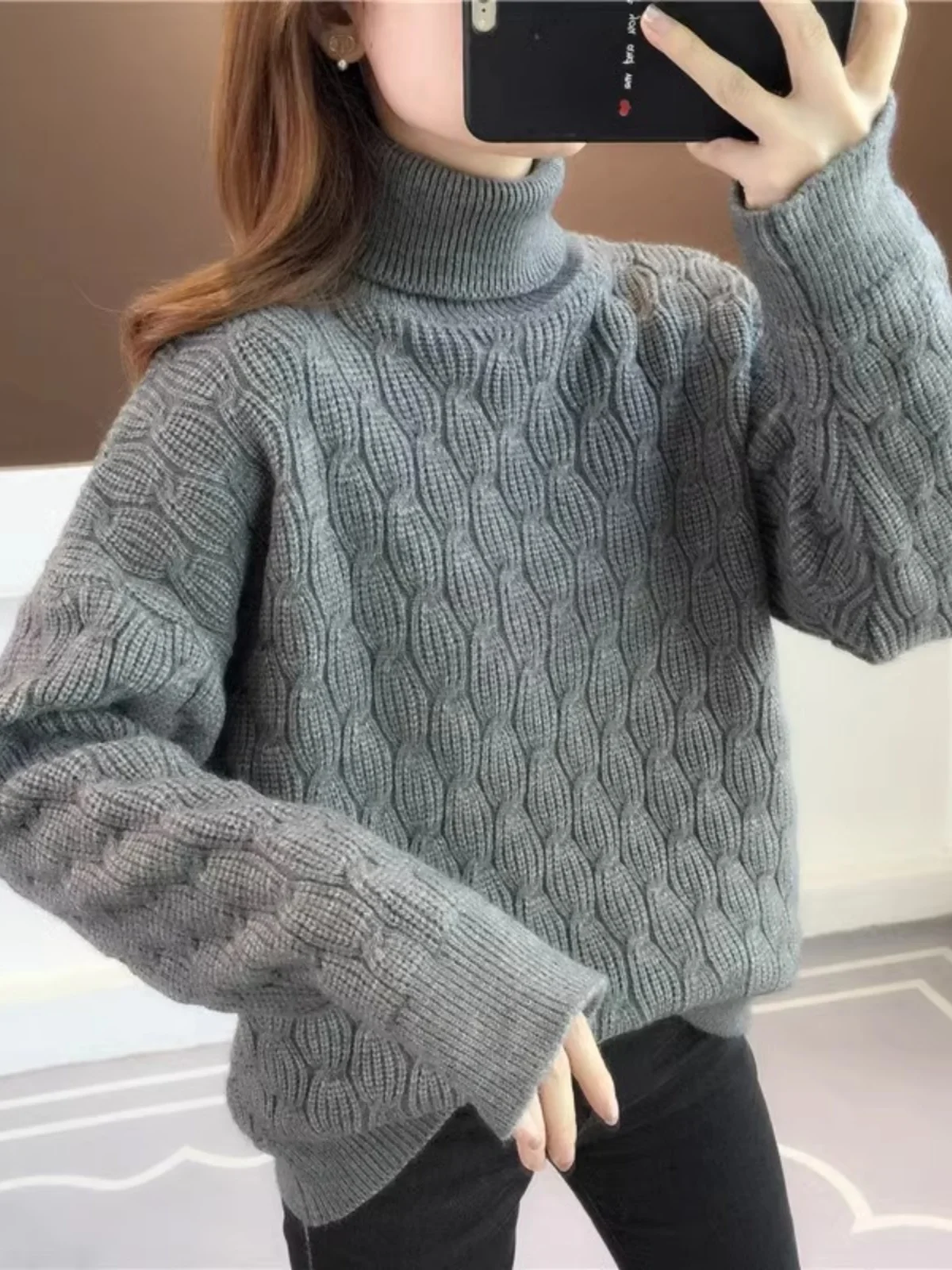 Thiened Hohe Kragen Gestrickte Pullover Frauen Lose ort Sle Herbst Winter Neue Faion Koreanische Sle Lange Sve Top