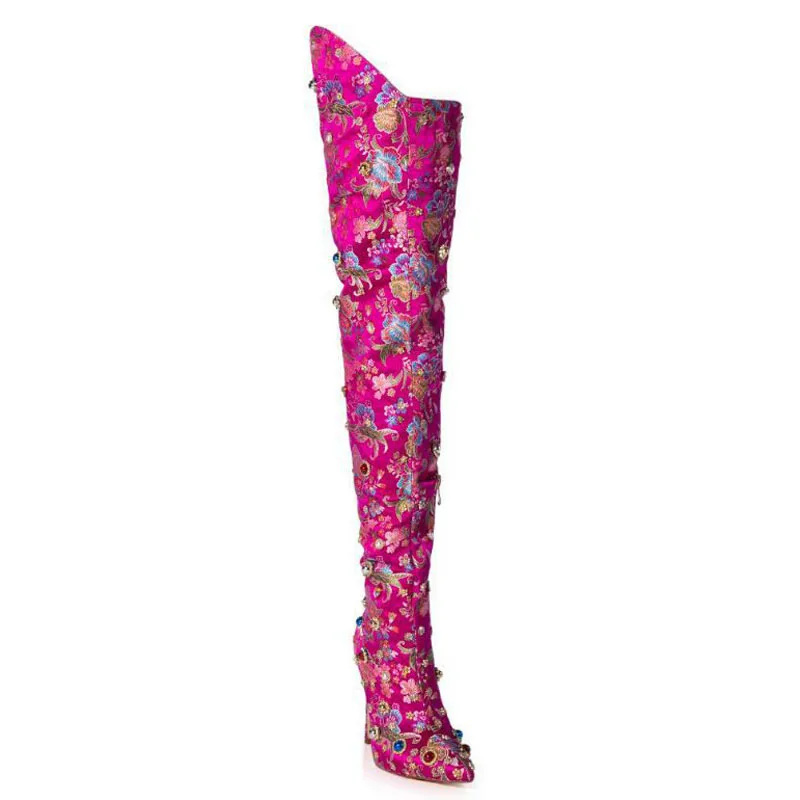 Luxury Folk Flowers Satin with Gem Rhinestone Over Knee Boots High Heels Multicolor Jewel Fuchsia Thigh Boots Women Stage Boots