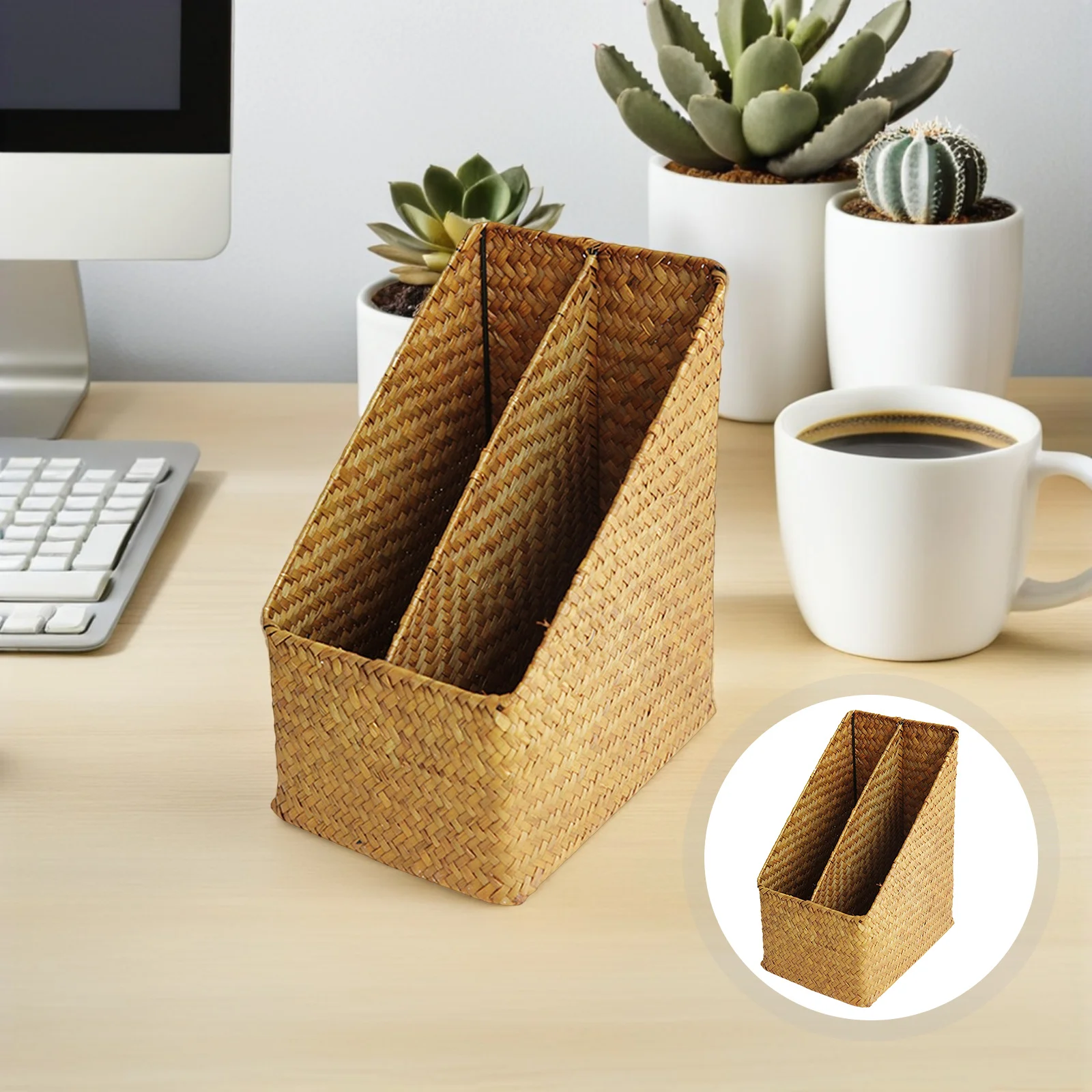 

Hand-Woven Thickened Straw Document Organizer File Holder for Office Desktop Storage Box Book Organizer Magazine Rack
