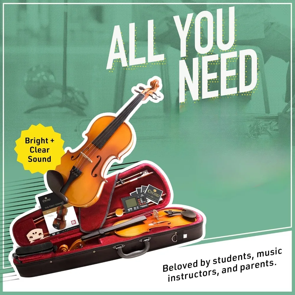 Violin Instrument - Size 4/4 Acoustic Violin with Bow, Case, Tuner, Metronome & Extra Strings, Kids & Beginner Violin