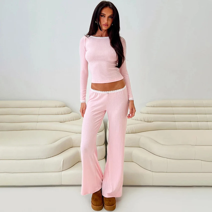 

HiLoc Cute Pink Lace Trousers Suits Pajamas For Woman 2025 Autumn Long Sleeve T Shirt With Long Pants 2 Piece Sets Home Outfits