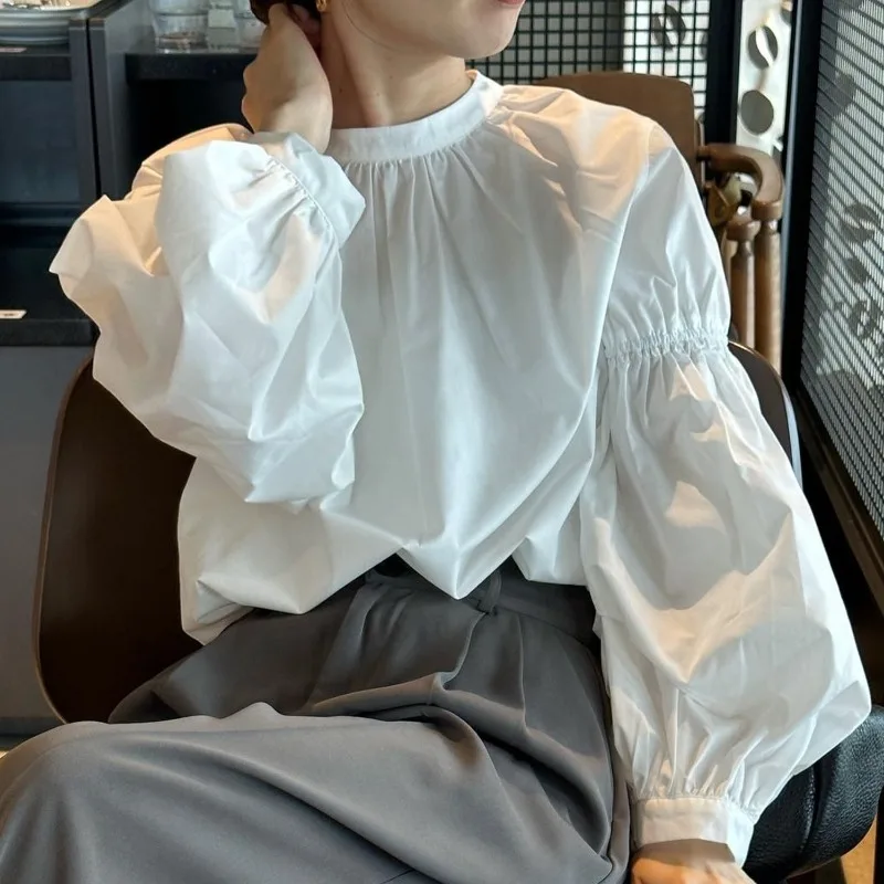 

Свободная женская блузка с рукавами-фонариками, однотонная, в корейском стиле, весна-осень, винтажный дизайн, средней длины, повседневный модный топ