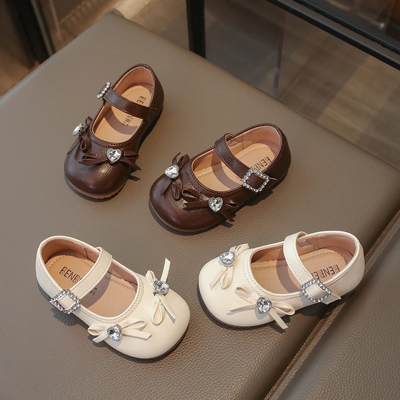 2026 Spring Autumn Little Girls Mary Jane Shoes New Toddler Bow Decor Children Leather Shoes Fashion Rhinestone Kids Flat Shoes