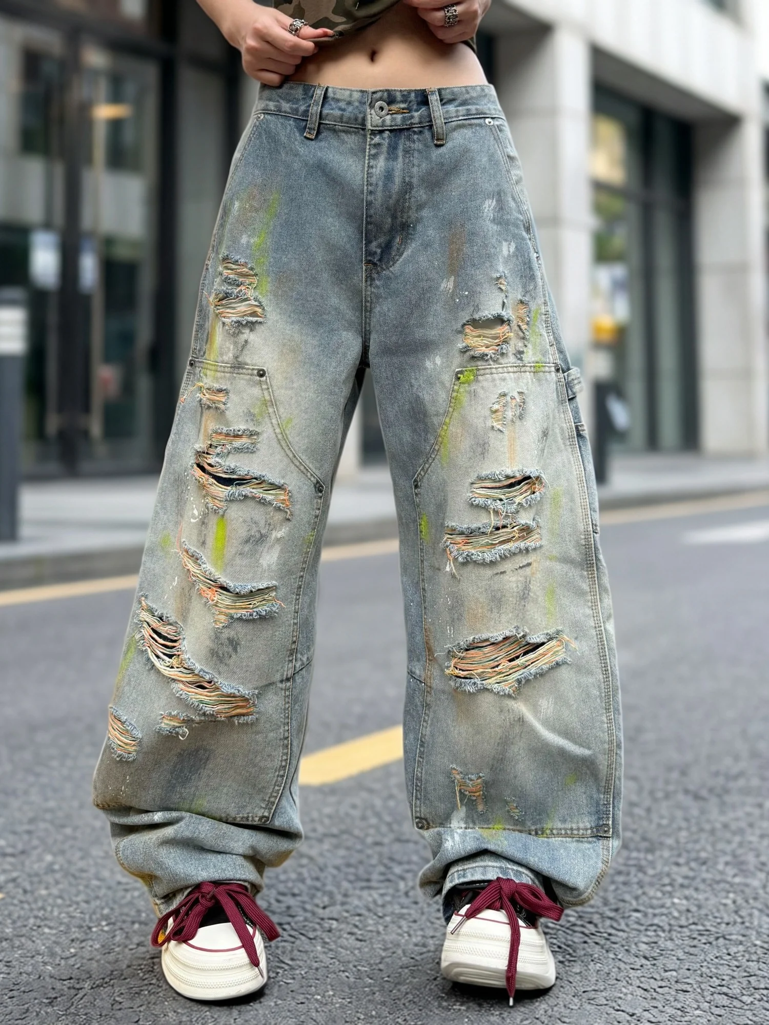 Calças Jeans Americanas de Perna Larga Estilo Retrô High Street para Homens, Mulheres e Jovens, Casuais, de Caimento Solto, com Design Rasgado e Confo