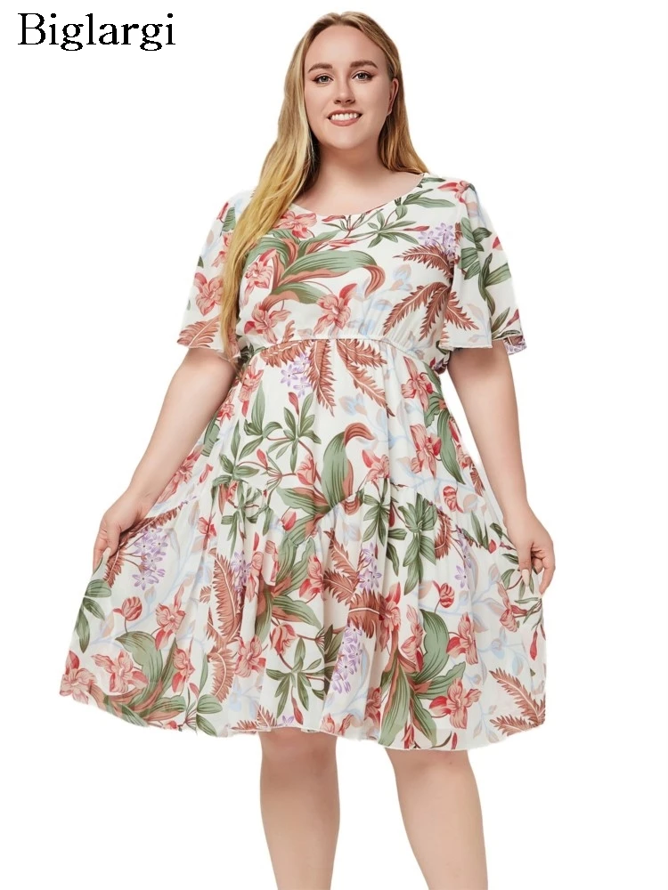 

Plus Size Summer Floral Print Mini Dress Women Irregular Ruffle Pleated Fashion Ladies Dresses Loose Woman Short Sleeve Dress