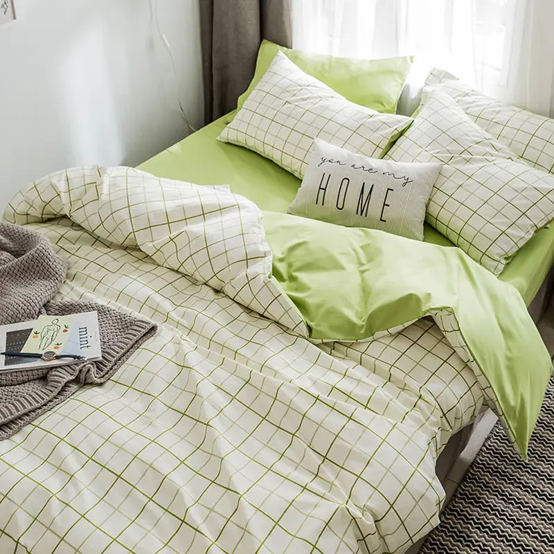 

Green Lattice Stripe BeddiFg Set Duvet Cover Flat Sheet and Pillowcase Soft Thin polyester Bed Linen No filler