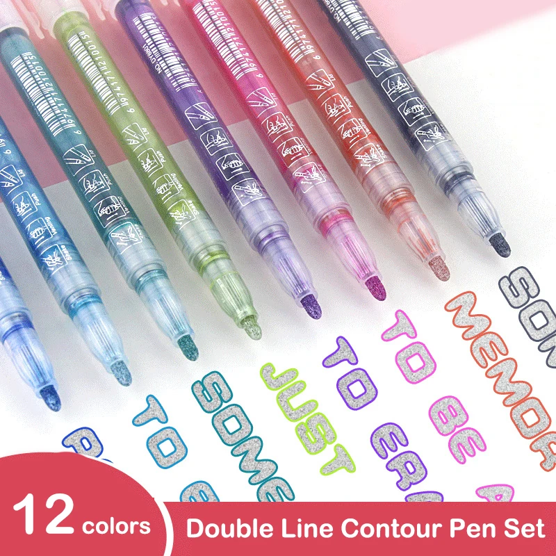 12pcs Double Line Outline Art Pen Marker Pen Diy Graffiti Outline Marker Pen Highlighter Scrapbook Bullet Diary Poster Card