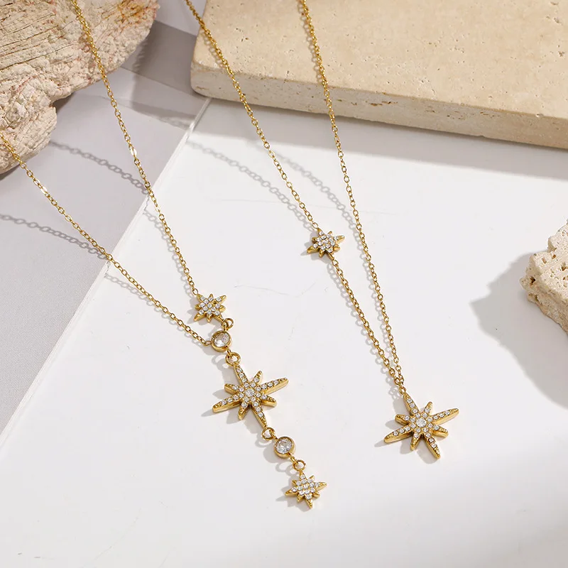Lucky Gold Plated Stainless Steel Inlaid Rhinestone Hexagram Star Y Shaped Clavicle Necklace Good Luck Blessing Jewelry For Wome