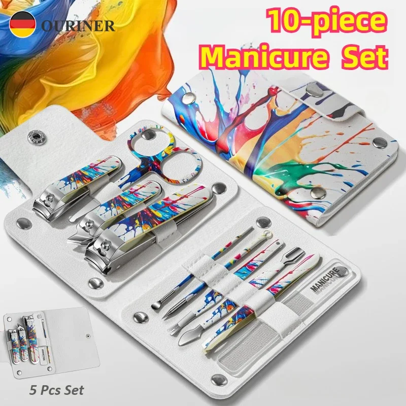 Conjunto clássico de cortador de unhas de aço inoxidável de 5/10 peças com saco de armazenamento PU, kit de preparação de unhas sem perfume, borda de lâmina côncava f