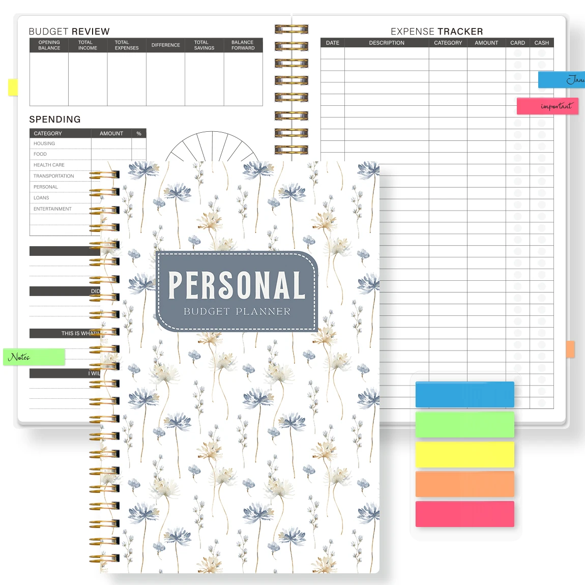 1PC Planificateur de budget personnel à motifs floraux, carnet de suivi des dépenses à spirale avec pages de suivi des économies, de révision mensuelle et de gestion des finances