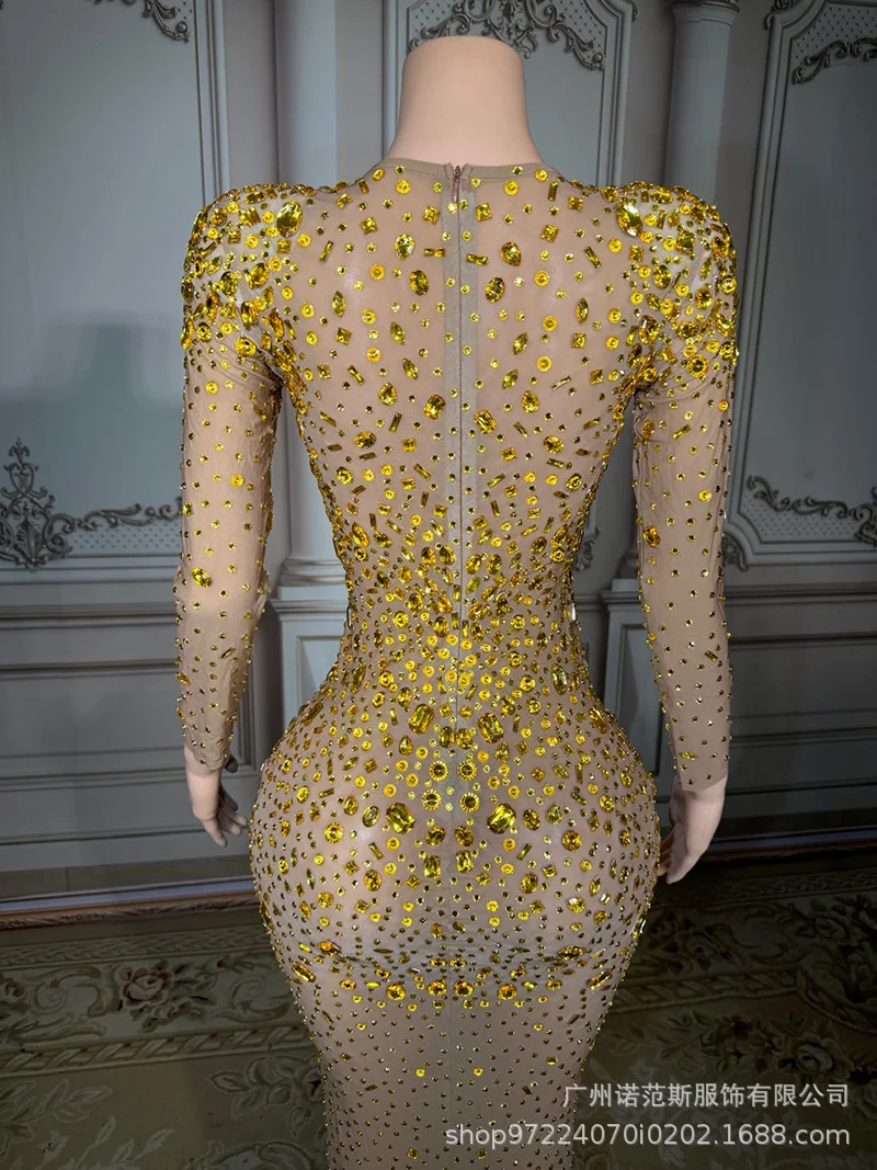 Luxo ouro diamante sexy malha temperamento vestido adulto modelo passarela roupas da moda empresa reunião anual vestido de noite vestito