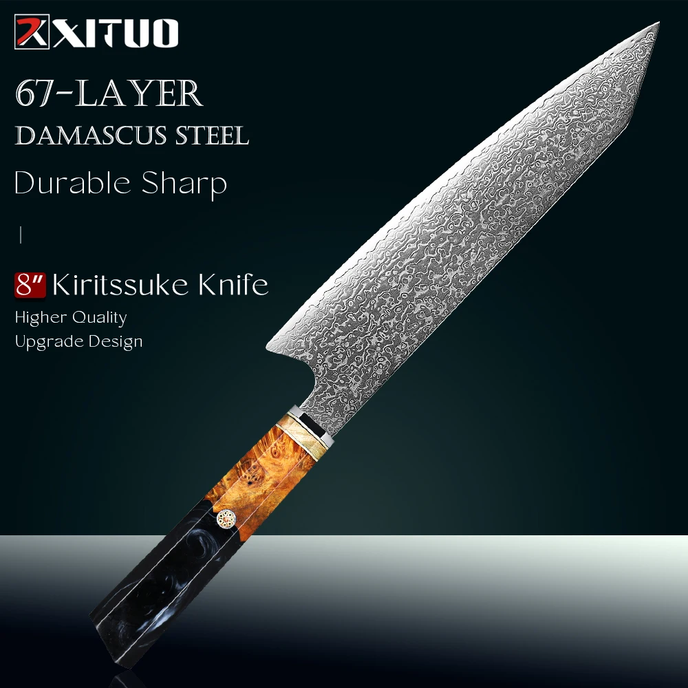 XITUO Kiritsuke Chef Knives 8 inch Damascus Steel Knife Professional Super Sharp Kitchen Knife Resin Stabilized Wood Handle