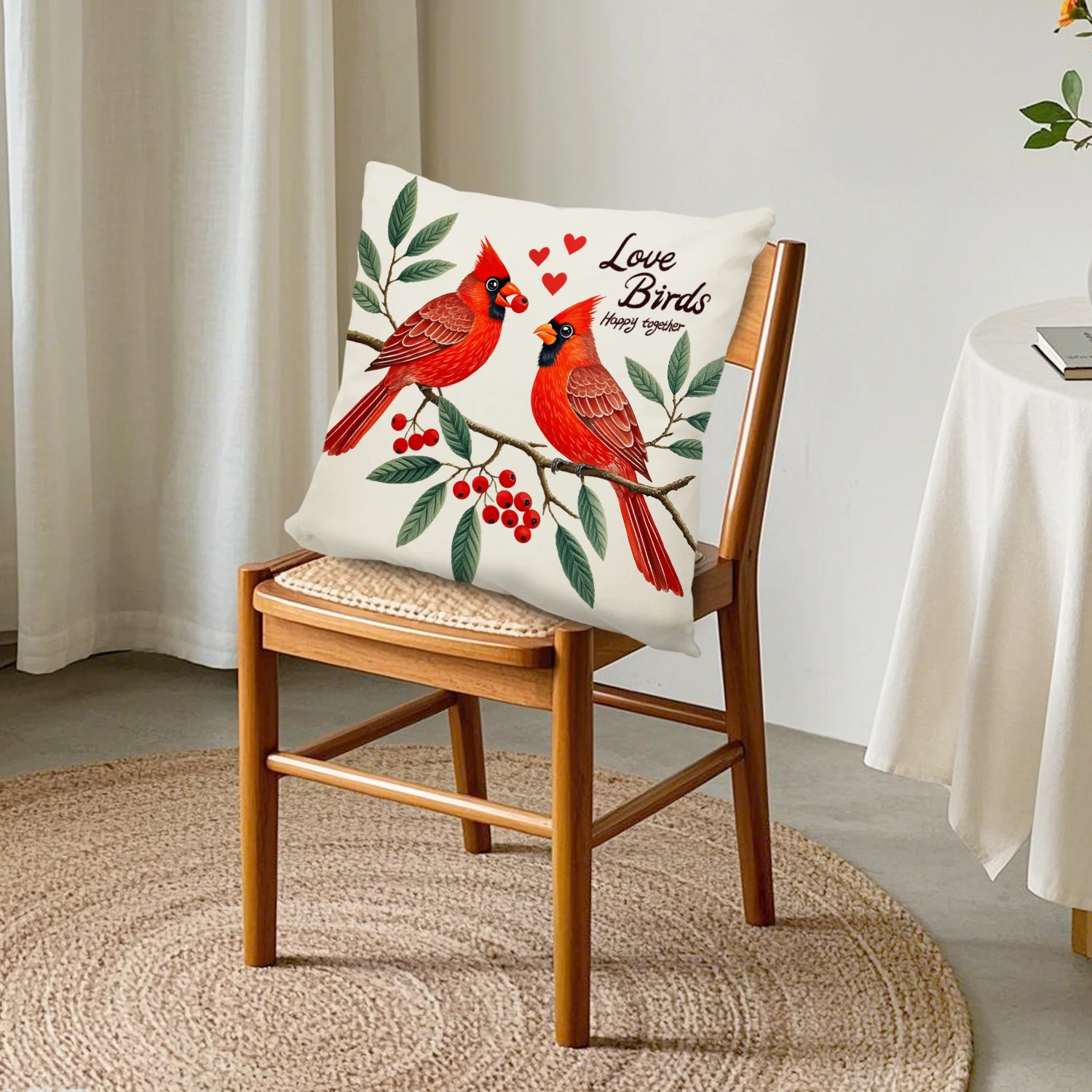 Red Cardinal Couple Linen Cushion Case Holly Berry Decorative Throw Pillow Cover Bird Lovers Home Decor Sofa Couch Bedroom Patio