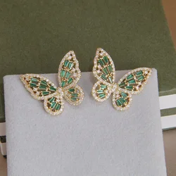 Green Crystal Butterfly Stud Earrings for Women Fashion Brand Jewelry Delicate Zirconia Insect Earrings Luxury Accessories