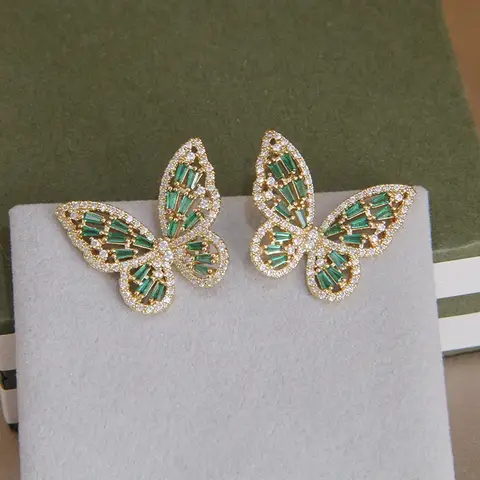 Green Crystal Butterfly Stud Earrings for Women Fashion Brand Jewelry Delicate Zirconia Insect Earrings Luxury Accessories
