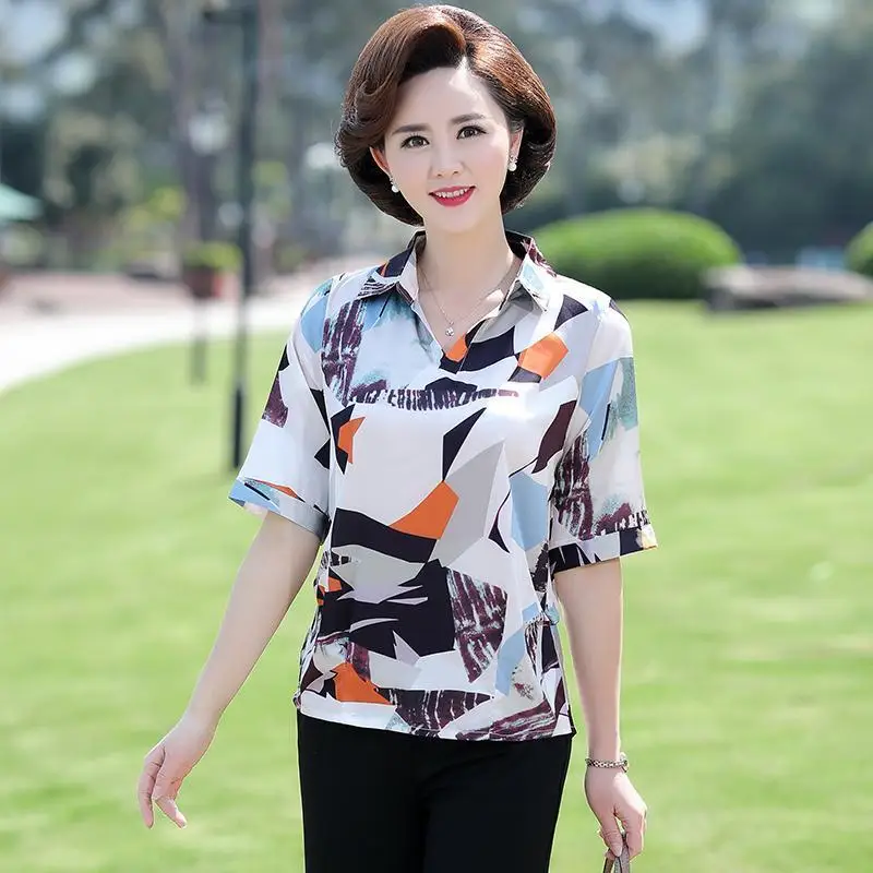 Women Summer Fashion Loose Fashionable Printing Polo-Neck Short Sleeve Chiffon Shirts Women Clothes Casual Appear Thin Thin Tops