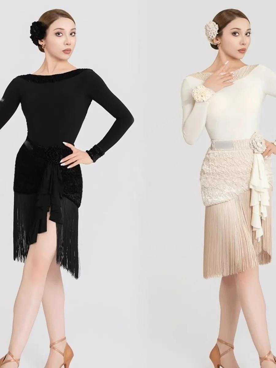 2026-new-women's-latin-dance-practice-suit-long-sleeve-backless-jumpsuit-tassel-skirt-modern-dance-costume-irregular-skirt