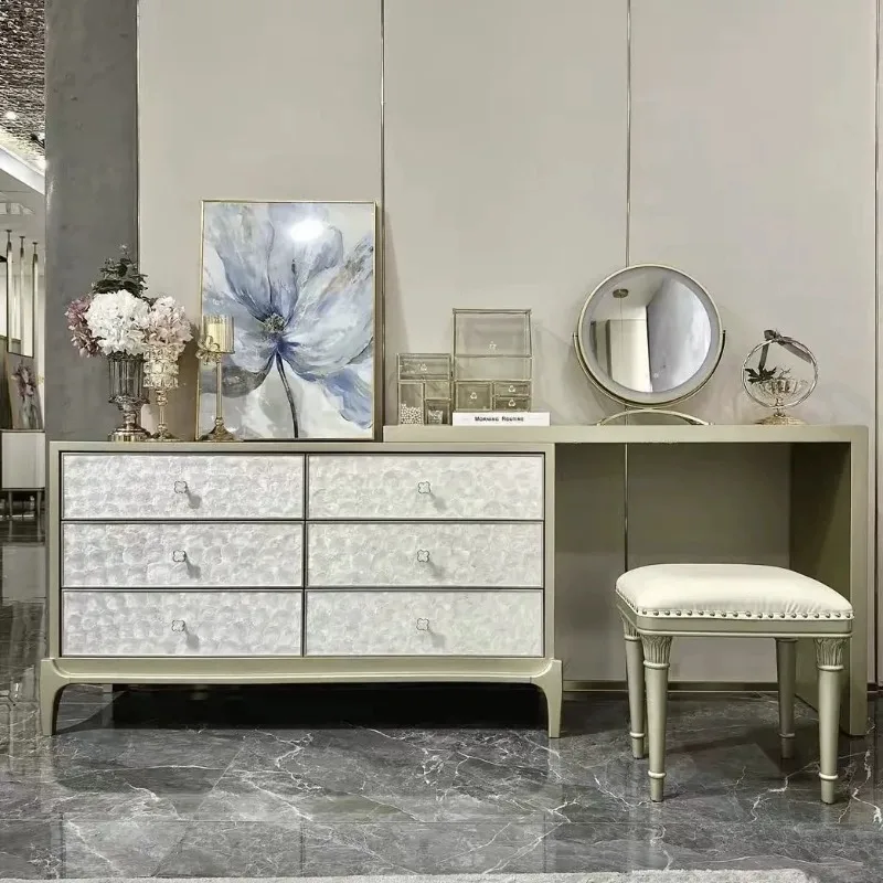 

solid wood dresser six chest cabinet French champagne gold shell bedroom makeup table dresser storage cabinet