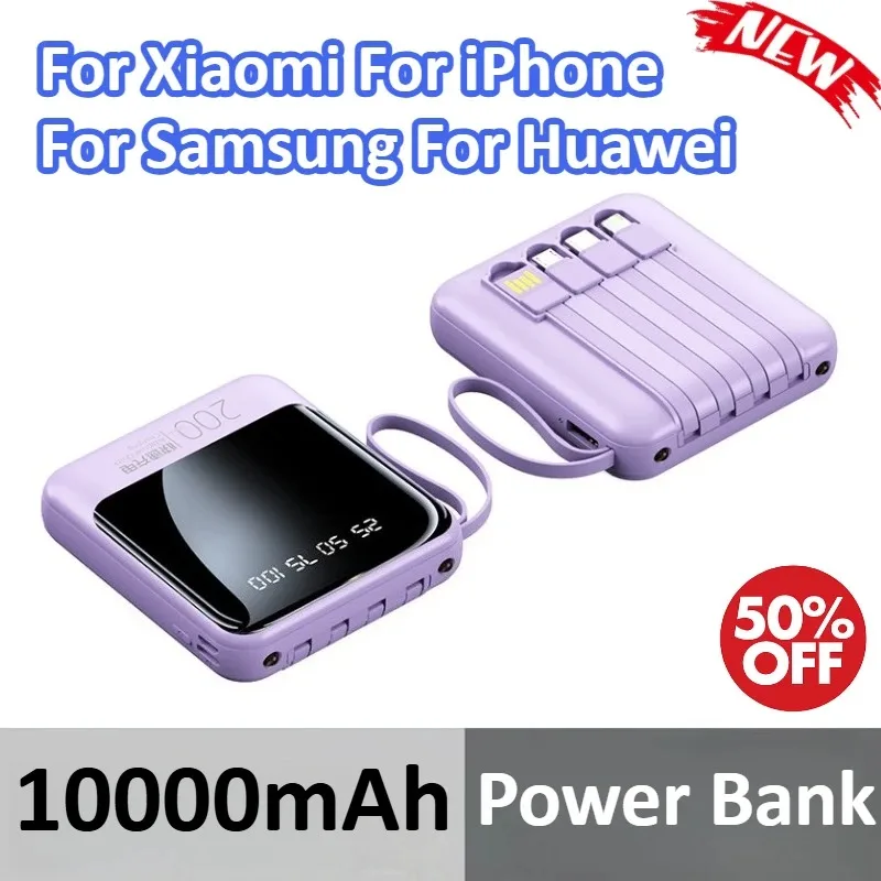 

10000mAh PowerBank For Xiaomi For iPhone For Samsung For Huawei Digital Display Fast Charging Ultra-thin Built in Cables