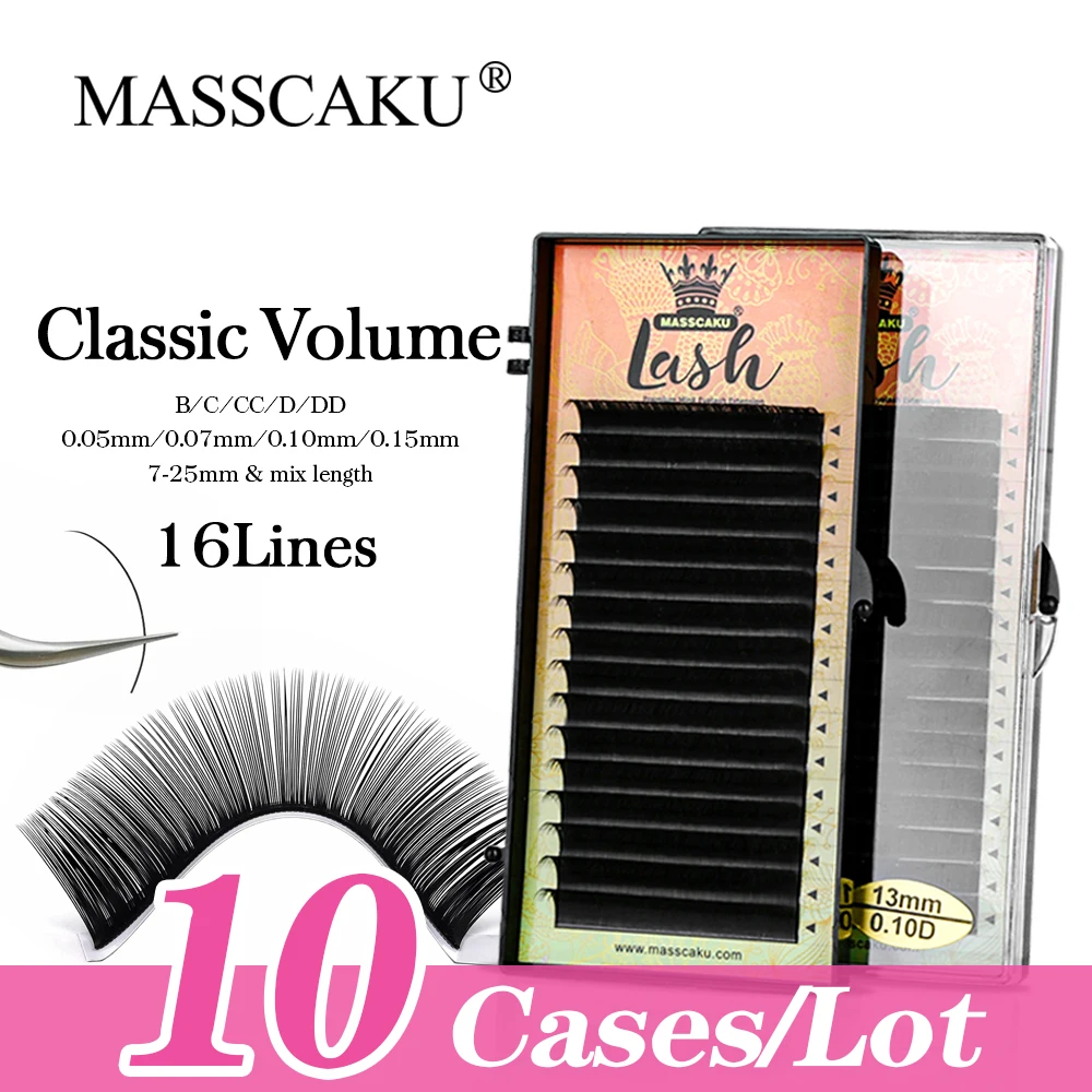 MASSCAKU 10cases/lot C D Curl Super Matte Soft Individual Classic Eyelash Extensions 8-16mm Single&Mixed Handmade Mink Lashes