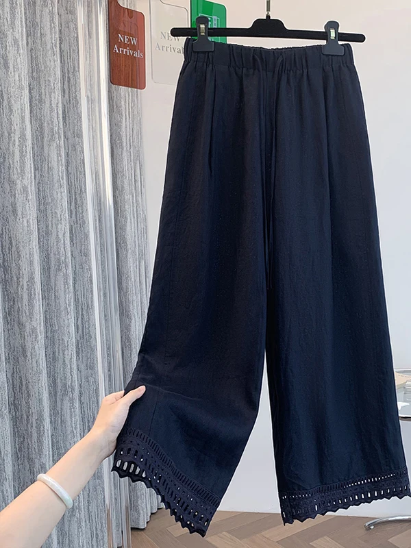 

Широкие брюки из хлопка и льна с кружевной отделкой, свободные повседневные прямые утягивающие летние брюки для женщин больших размеров