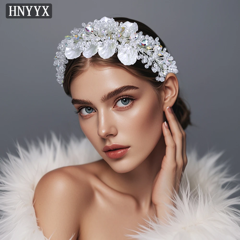 HNYYX Crystal Headband Rhinestone Hair Accessories White Shell Flower Headwear Party Headdress Hair Tiara For Wedding A115