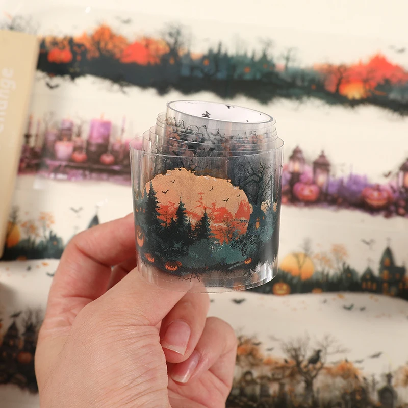 1Roll Vintage Halloween Border Tape Haunted Mansion Pumpkin Lantern Dead Tree Printed PET Tape For Handcraft Scrapbook Layout