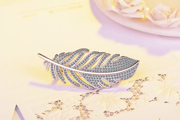 Fashion leaf Feather 925 sterling silver Brooches for Women Corsages with Shining Crystal Brooch Big Scarf Clothes Accessories