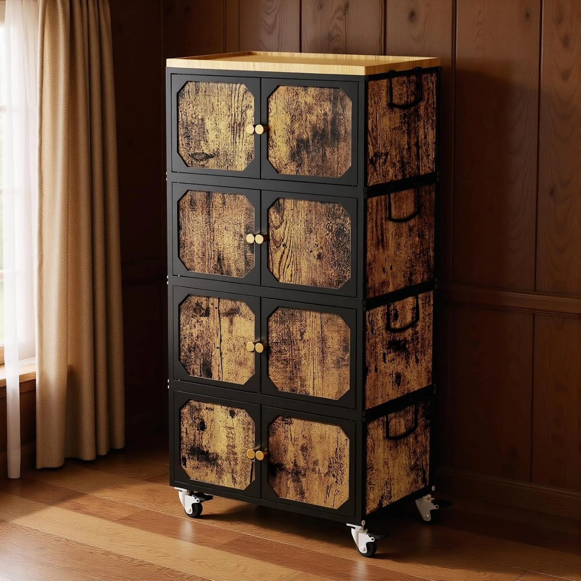 

4 Tier Storage bins with wheels, Durable Metal Frames, Storage Bins with Magnetic Wooden Door, Vintage and warmth, Storage Cart for Living Room