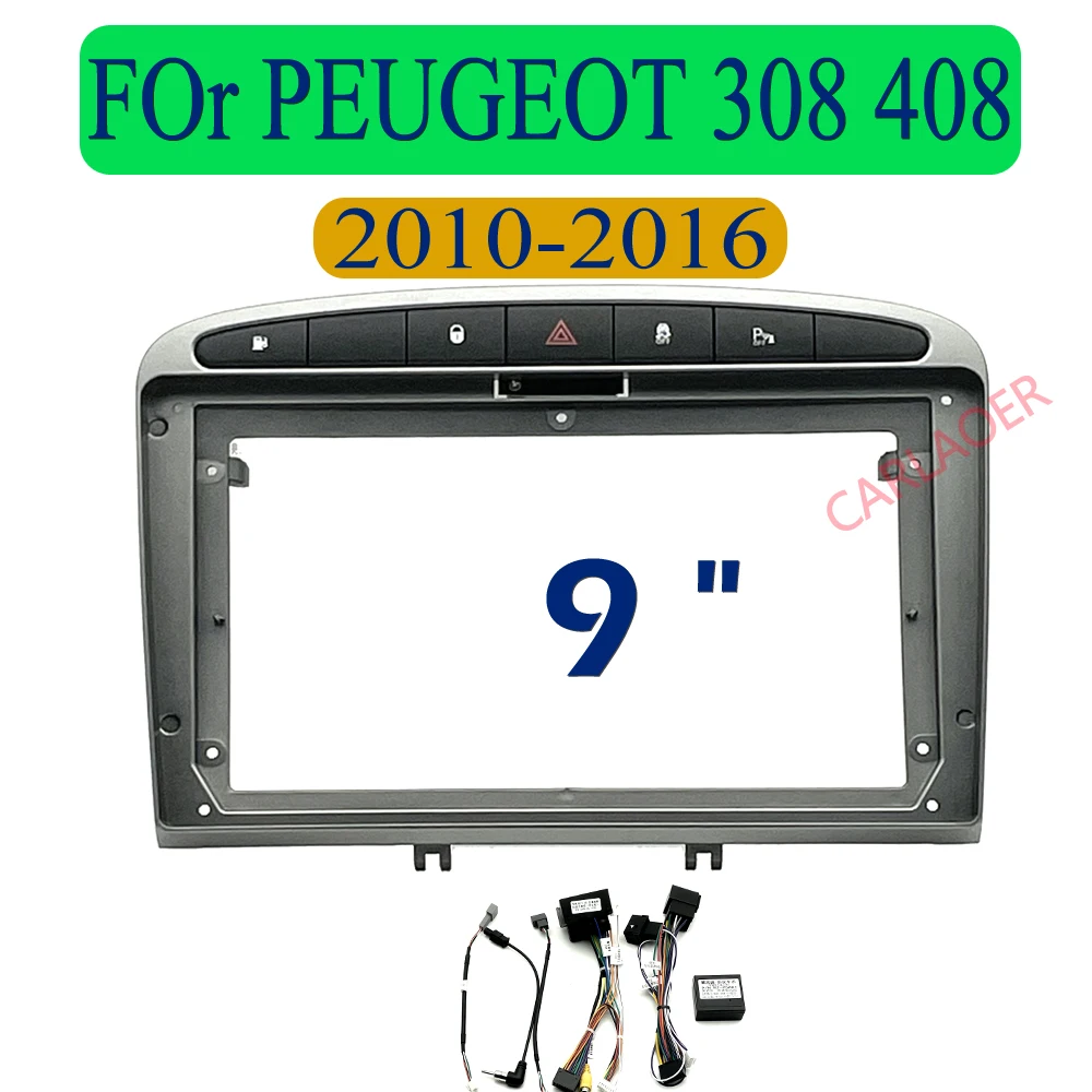 carlaoer Car Multimedia panel Frame For Peugeot 308 408 2010-2016 for 9 inch Android Stereo Panel Harness