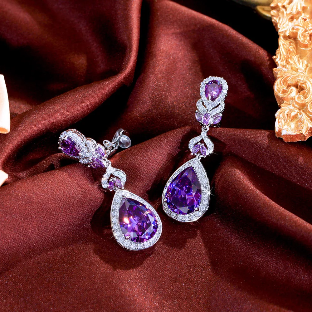 CWWZircons Bezaubernder lila Wassertropfen-Ohrclip mit Zirkonia-Besatz, Ohrringe ohne Ohrloch für Damen, Abendparty-Schmuck EJ0045 – Detail 6