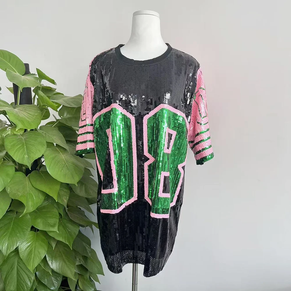 Greek Fashion sexy  Women Shirt number 8 printed ladies Summer sequin shining hip hop Sorority  number 08 jerseys T-shirts