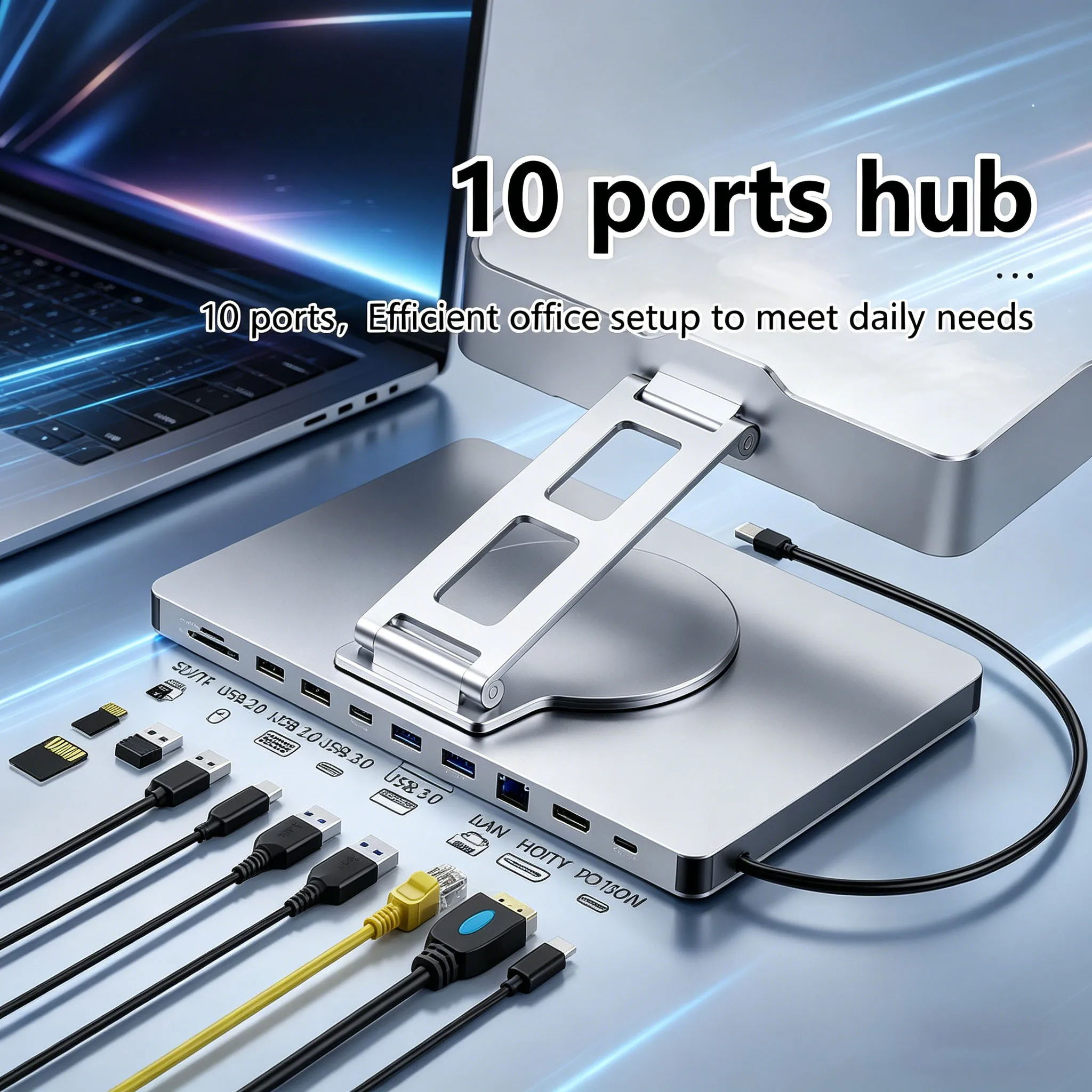 

Sleek Aluminum Ipad Holder 10 in 1 Docking C Hub 4K 60Hz Type C Adapter USB3.0 5Gbps 100W PD Charger For Laptop Desktop