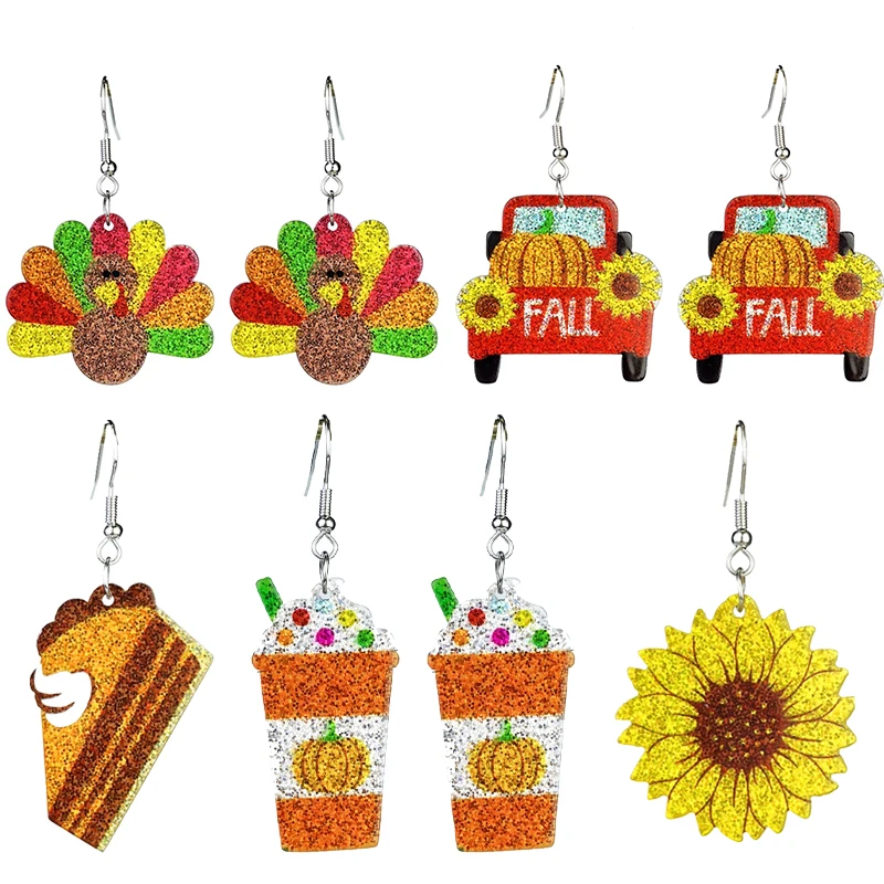 

Autumn Thanksgiving Earrings Turkey Pumpkin Pie Maple Leaf Coffee Sunflower Sparkling Acrylic Earrings Thanksgiving Decorative