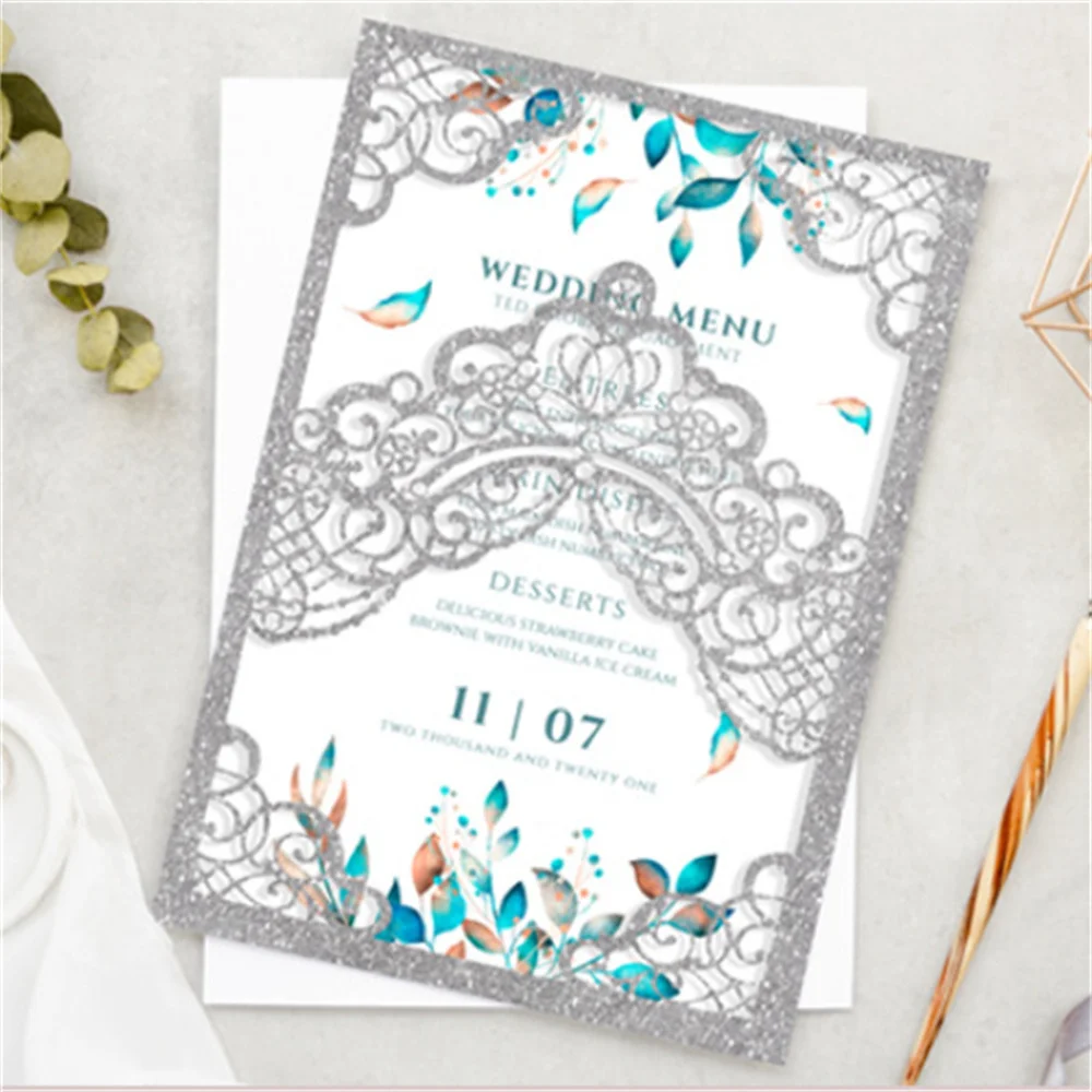 

Wedding Invitation Laser Cut Cover, GoId Silver Crown Invitations, DIY Wedding Engagement Birthday Card 50 sets