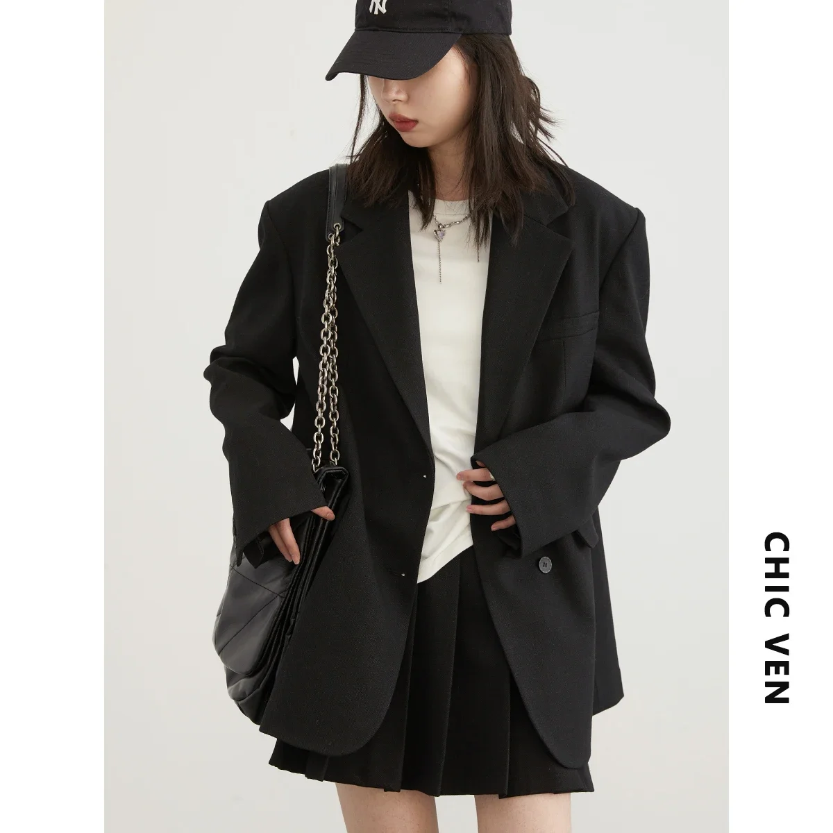 CHIC VEN Women Blazer Solid Single Breasted New Loose Casual Coat Female Pleats Short Skirt Ladies Clothing Spring Autumn 2024