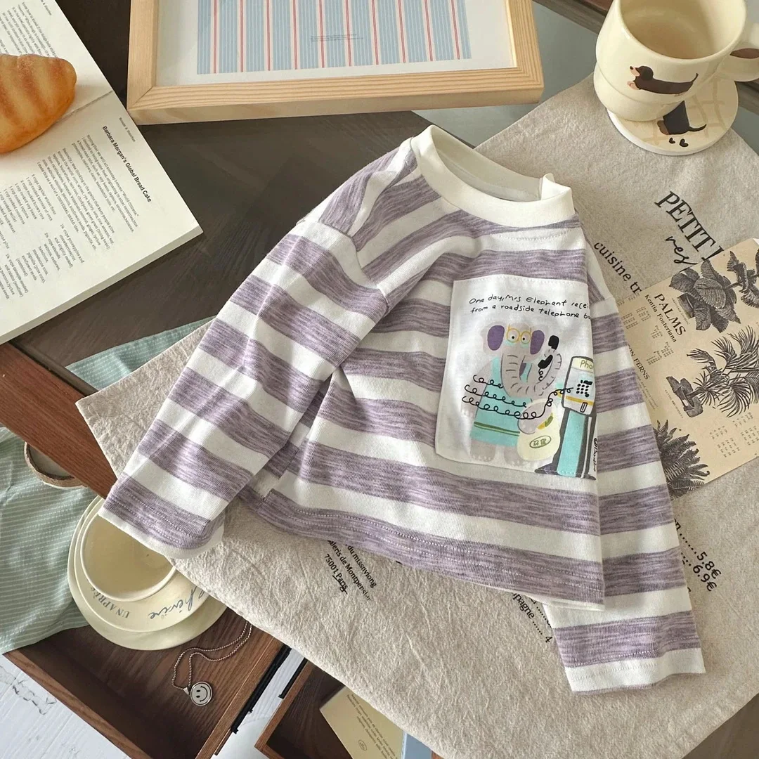 Autumn Baby Boys Tops Striped Letter Cartoon Printed Kids Baby Boys T-shirts Round Neck Long Sleeves Casual Toddler Boys Tees