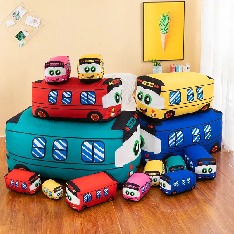 Kawaii a variety of colorful bus model plush toys filled with soft plush pillows decorated by a creative birthday gift for boys