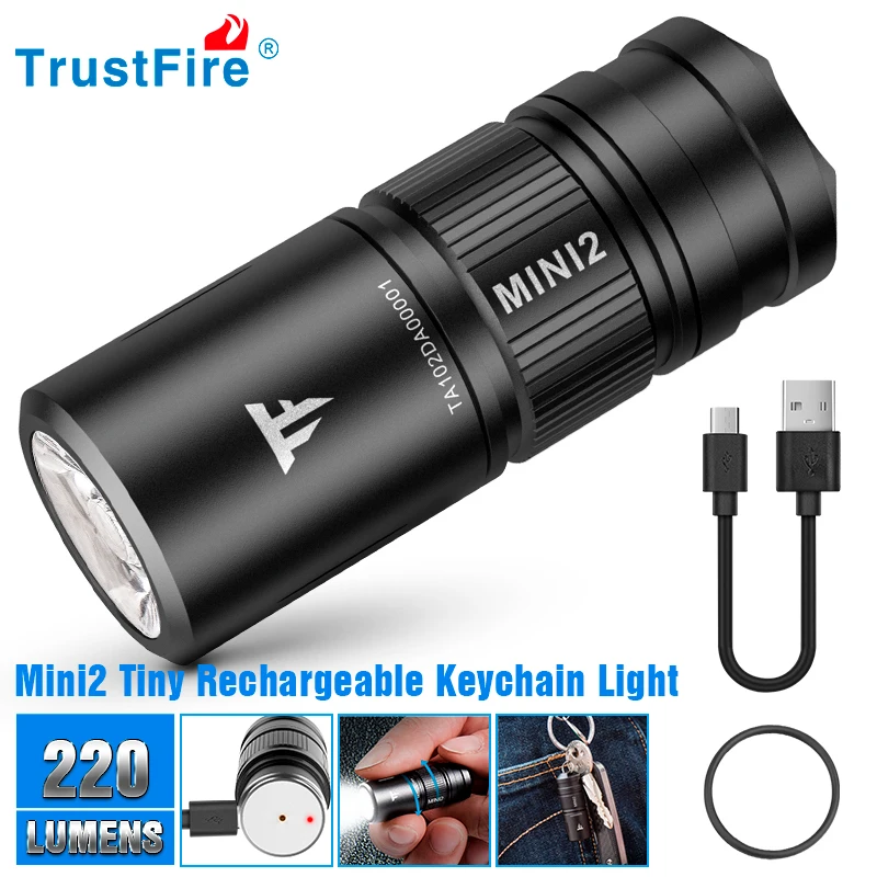 Trustfire-Mini2 Mini Edc USB Lanterna Recarregável, 220 Lumens, 2 Modos de Interruptor com Indicador, Led Flash Light, Tocha Lâmpada